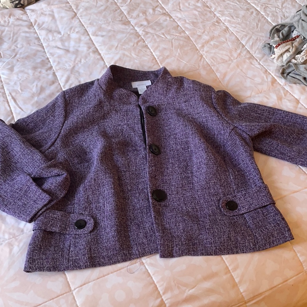 Cute for works short purple tweed blazer. 3/4 sleeve, lined, with all the button